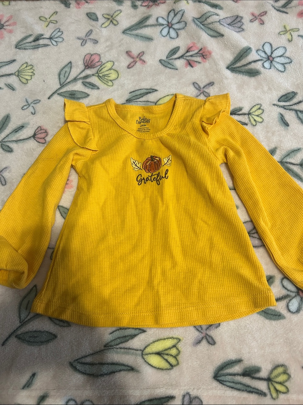 Baby Essentials Yellow 'Grateful' Pumpkin Ruffle Long-Sleeve Top